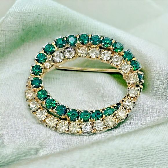 Emerald Green Brooch Vintage Open Double Oval Crystal May Statement Jewelry Pin - Picture 4 of 10